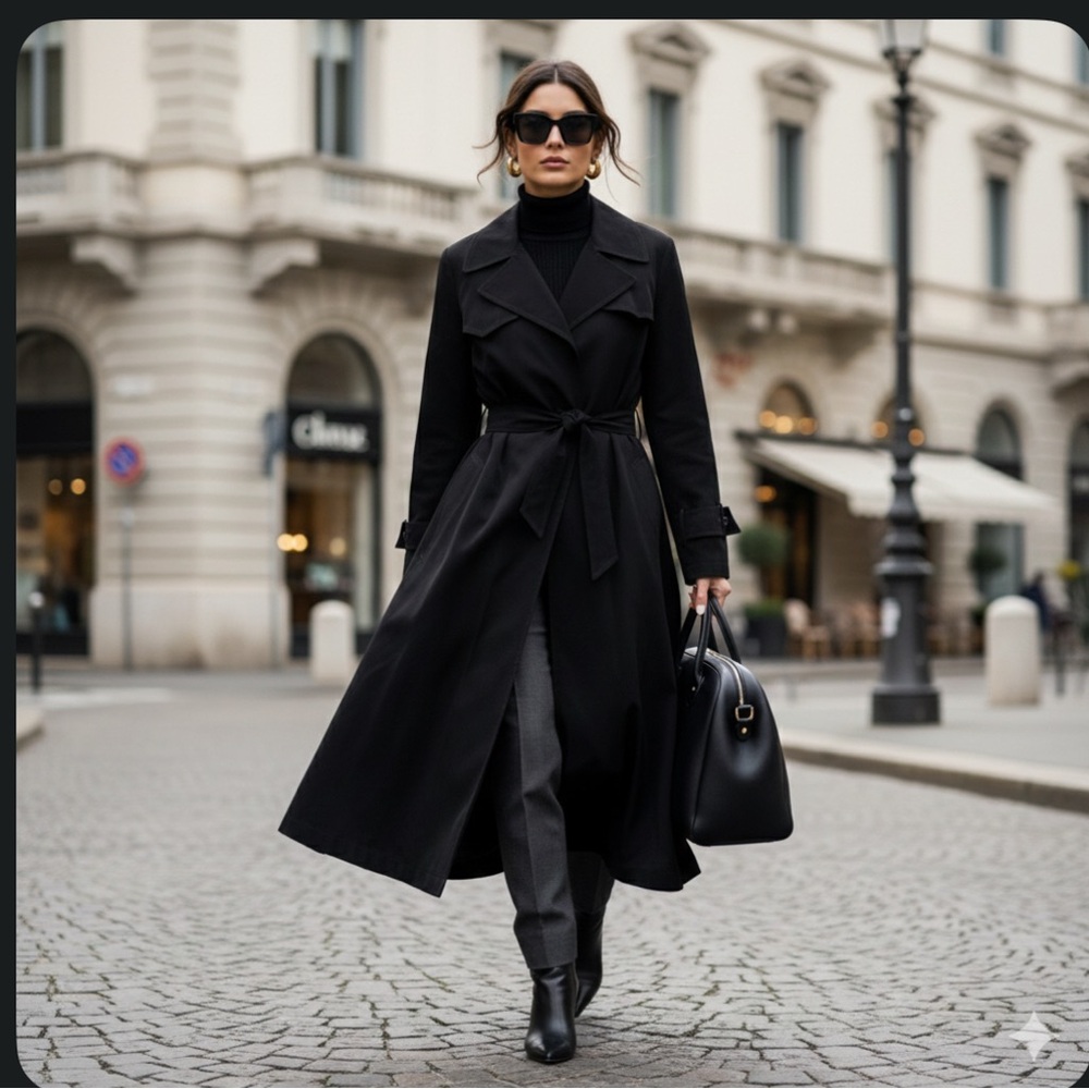 Fleet Street Ltd Women’s Classic Black Long Belted Trench Coat All Weather Sz 14
